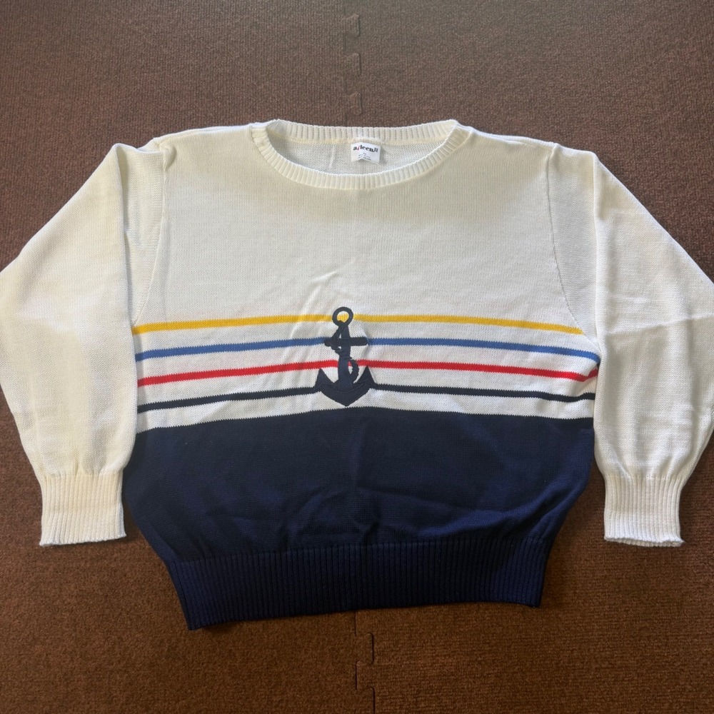 Vintage‎ Aileen II Nautical Anchor Stripe Knit Sweater Navy White Red Yellow 44